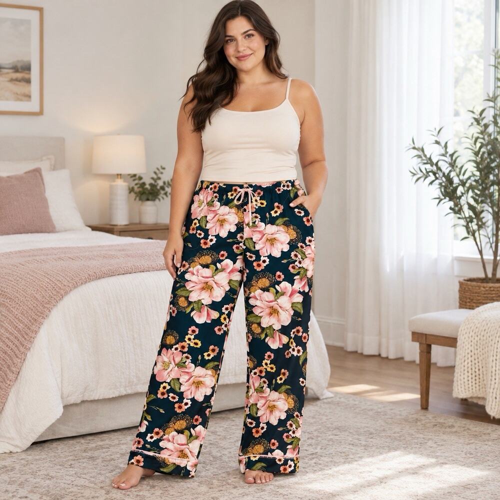 Room Service Women’s XL Floral Pajama Pants Black Pink Cottagecore Lounge